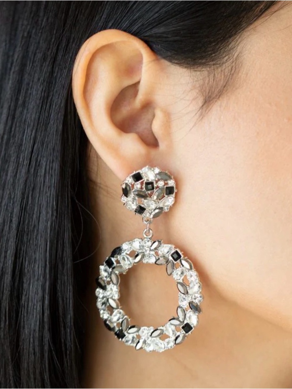 2-4- $25 Crystal Hoop Drop Earrings - Black & Clear